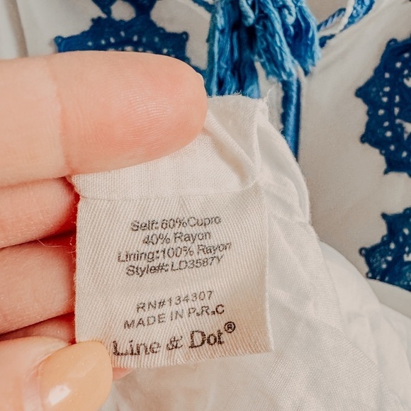 Line + Dot Boho White Beach Cover-Up Blue Embroidery Tassel Tie XS - Picture 8 of 15